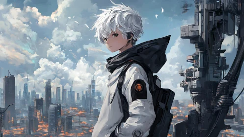 Cybernetic courier surveying stratified neo-urban skyline.