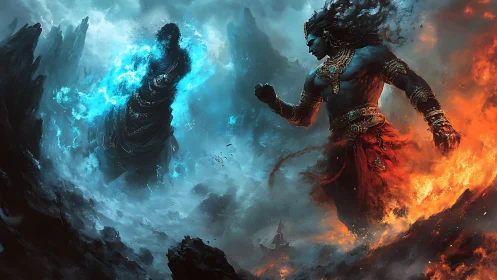 Mythic elemental figures confronting in fire and ice landscape.