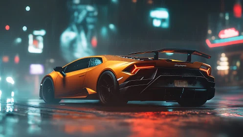 Orange supercar on wet neon city street at night.