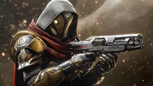 Cyber-armored sentinel with plasma rifle in cinematic portrait.