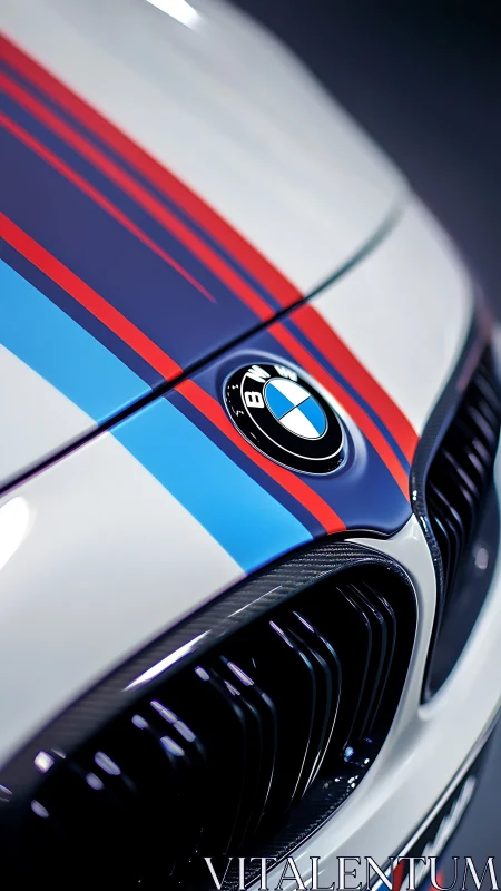 BMW front fascia macro with M-stripe livery and gloss reflections