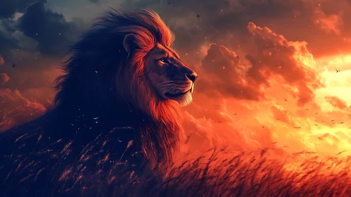 Majestic lion profile against blazing sunset sky.