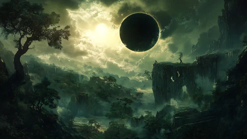 Dark eclipsed planet above misty alien canyon world.