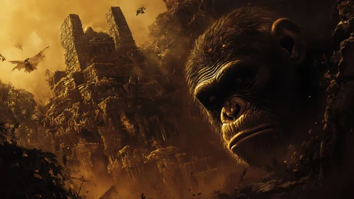 Colossal simian visage overlooking eroded jungle megastructure