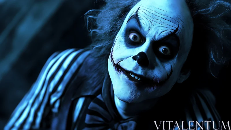 Blue lit creepy clown portrait with striped costume.