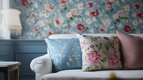 Cozy floral sofa pillows in a soft blue cottage living room.