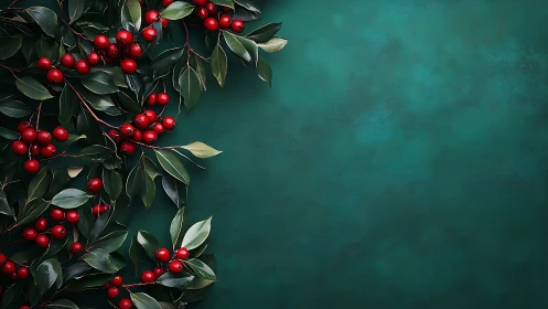 Asymmetric holly sprigs on textured teal negative space field.