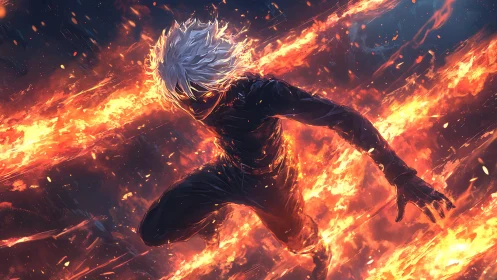 White haired fighter running through blazing firestorm.