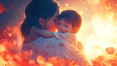 Mother and Child Embracing in Golden Light Among Flowers
