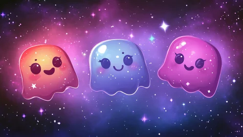 Cute jelly ghosts float through a sparkling cosmic nebula.
