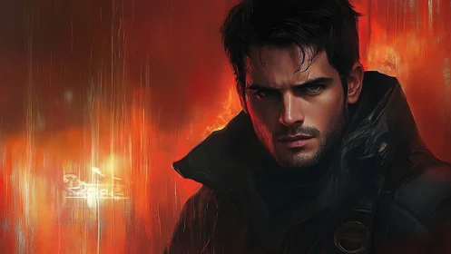 Storm-eyed wanderer studies the burning horizon in silence