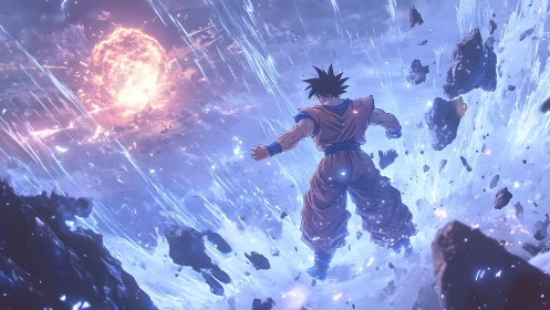 Lone warrior soaring through a storm of cosmic fire and stone.