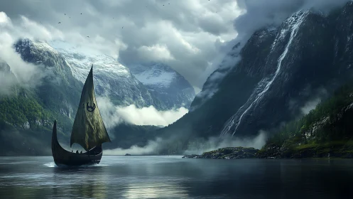 Viking longship under overcast light in misted Nordic fjord