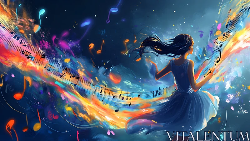 Digital painting girl dancing through swirling neon music notes.