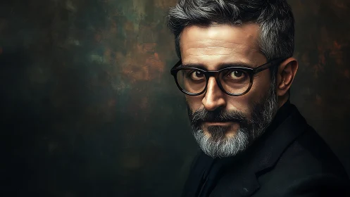 Grey-bearded intellectual in moody low-key studio portrait.