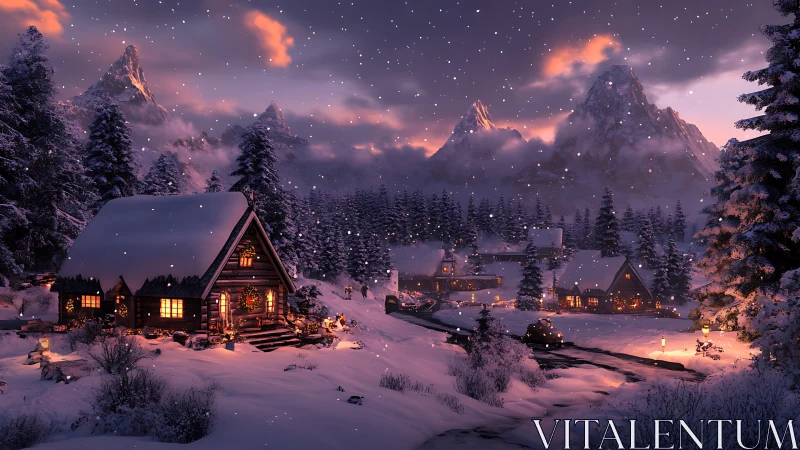 Snow-covered mountain village with illuminated wooden cabins.