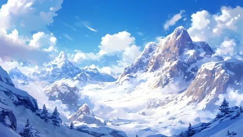 Snow covered mountain range under bright blue sky