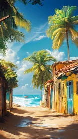 Digital painting of sunlit coastal alley with palm canopy.