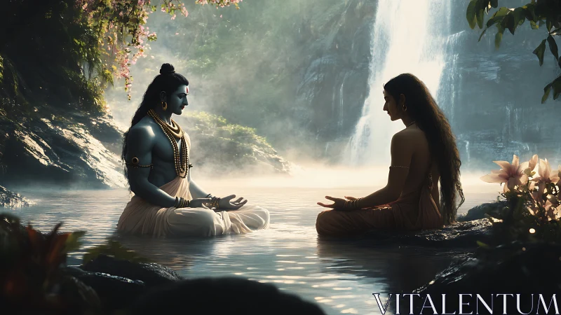 Two figures meditating in river before tall waterfall backdrop.