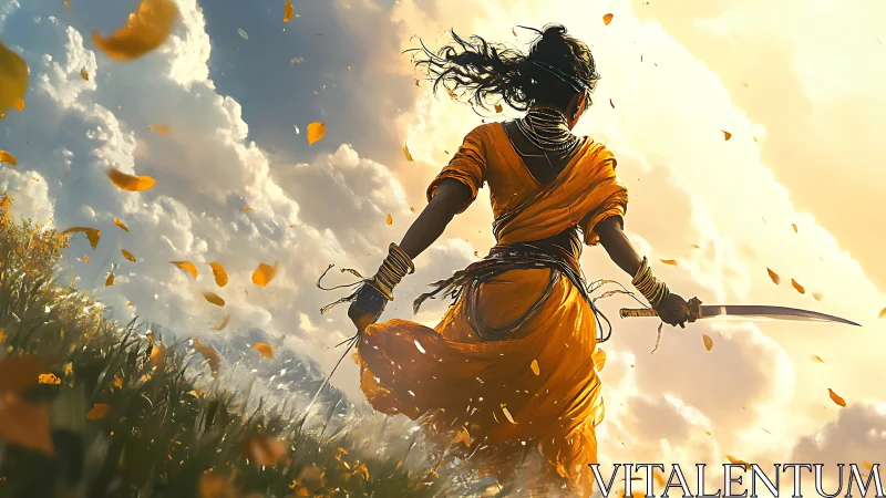 Backlit warrior in saffron robe against turbulent cloudscape.