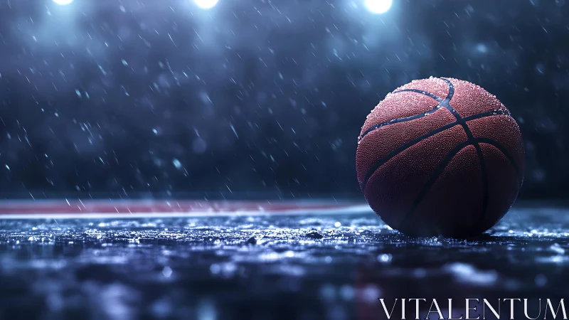 Wet basketball on floodlit outdoor court in heavy rainfall