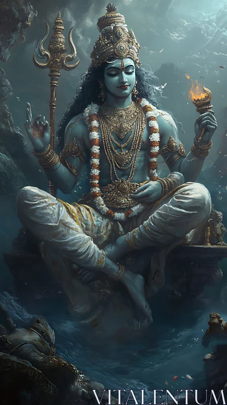 Divine blue deity in underwater meditation with sacred flame.