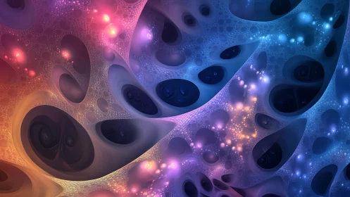 Layered multicolor fractal cavities with glowing clusters.