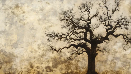 Bare tree silhouette against textured sepia background, minimalist art.