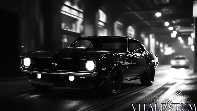 Monochrome muscle car rendered with high-contrast urban motion blur