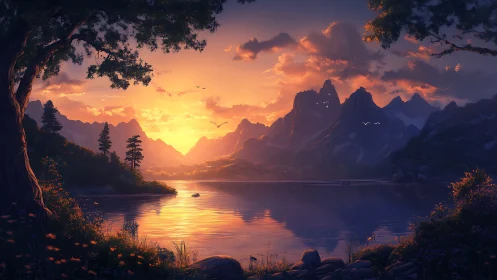 Digital sunset alpine lake with atmospheric depth rendering.