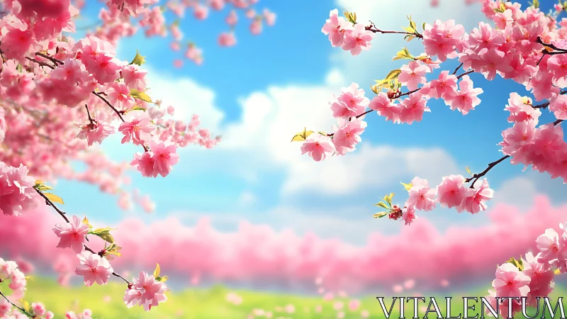 Pink Cherry Blossoms Against Blue Sky with Green Field
