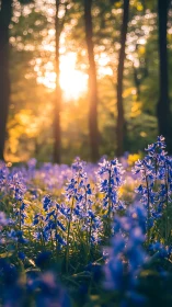 Forest Bluebell Meadow at Sunset.