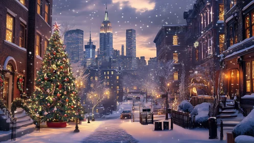 Snow covered city street with lit Christmas tree at dusk.