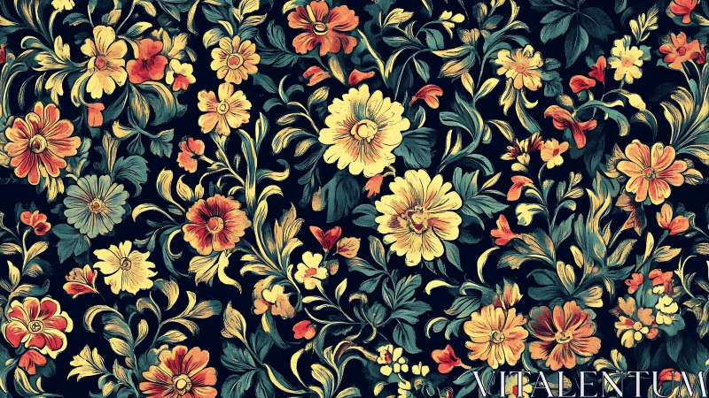 Dense vintage floral pattern with warm yellow orange blooms.
