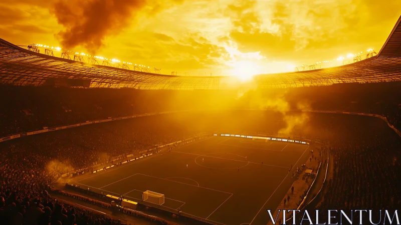 Golden sunset glow over a lively football stadium crowd.