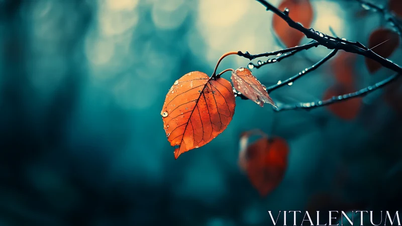 Autumn leaf glows against cool bokeh in a tranquil forest