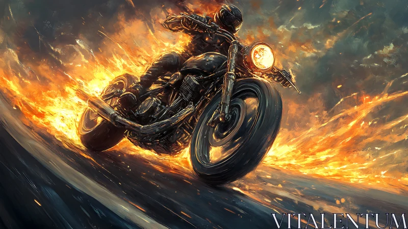 Flaming street racer surging through infernal nightstorm.