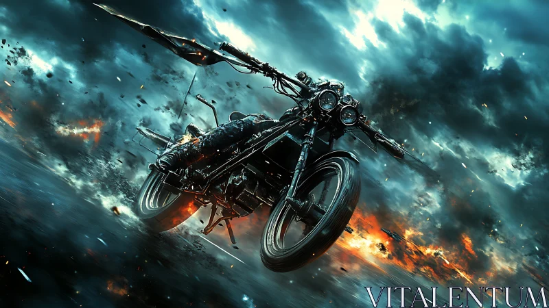 Futuristic combat motorcycle accelerates through explosive storm field