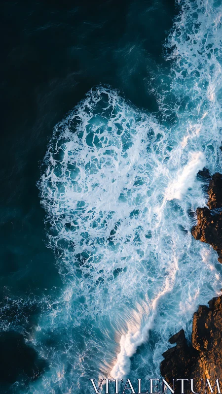 Ocean waves warmly embracing sunlit rocky shoreline.