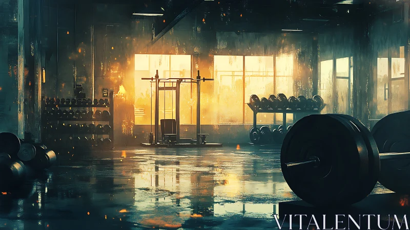 Moody industrial gym glows with warm sunrise determination