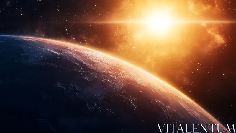 Low orbit horizon over illuminated Earth with stellar sunrise