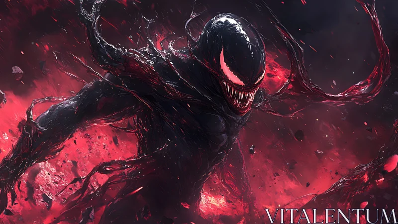 Sinister symbiote bursts through swirling crimson chaos.