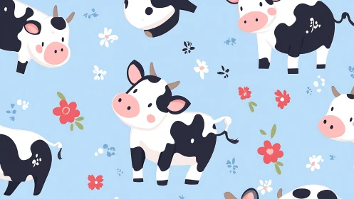 Cartoon dairy cows float through a sky of cheerful blossoms