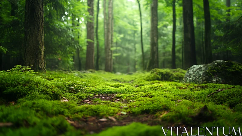 Moss-Covered Forest Floor Beneath Towering Trees.