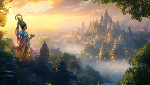 Divine deity overlooks luminous temple city at sunrise.