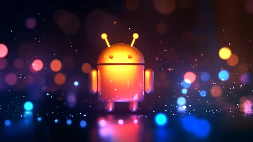 Glowing robot mascot strolls through a neon bokeh dreamscape