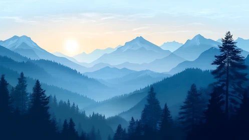 Layered alpine mountain ridges at sunrise in cool blue tones