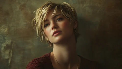 Soft-lit portrait captures contemplative short-haired woman.