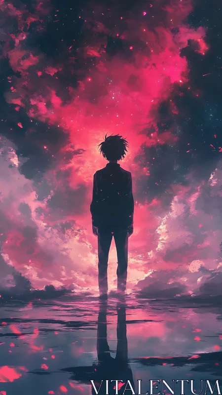 Stargazer silhouette under a storm of neon dusk clouds.