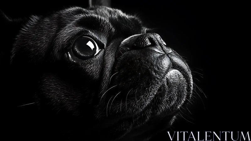 Gazing black dog in dramatic low key monochrome portrait.